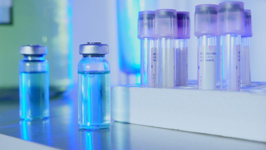Frascos e tubos de ensaio com líquido azul em um laboratório sob luz fluorescente